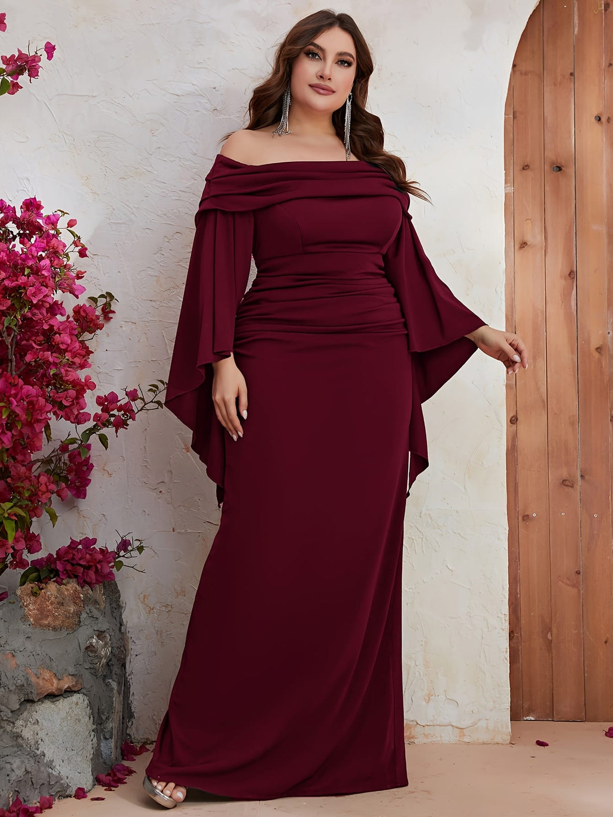 jkthpu-45 Plus Size, Plus Off Shoulder Ruched Split Sleeve Dress
