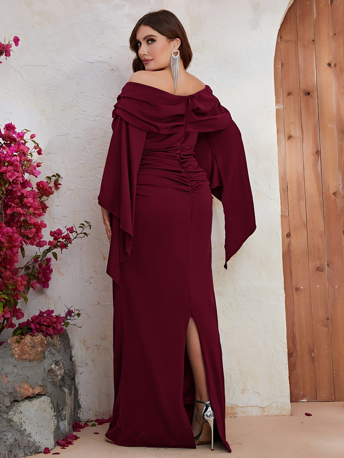 jkthpu-45 Plus Size, Plus Off Shoulder Ruched Split Sleeve Dress