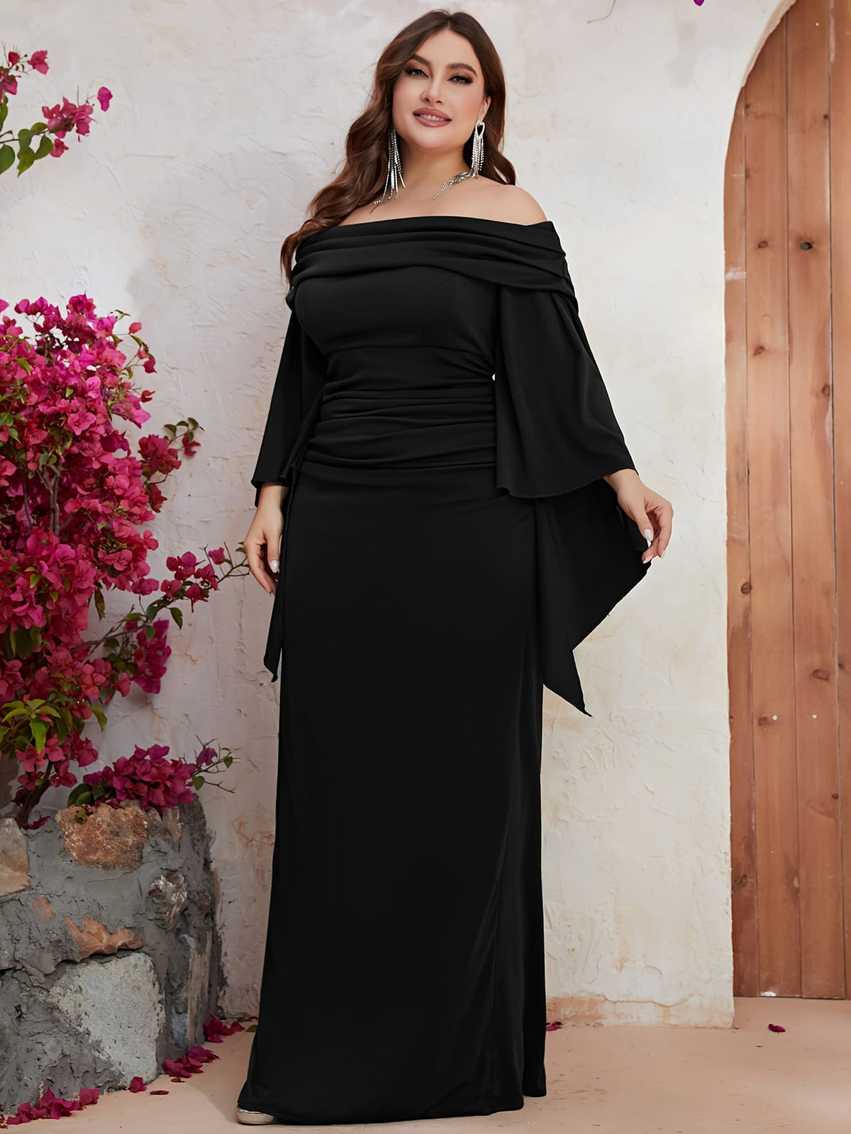 jkthpu-45 Plus Size, Plus Off Shoulder Ruched Split Sleeve Dress