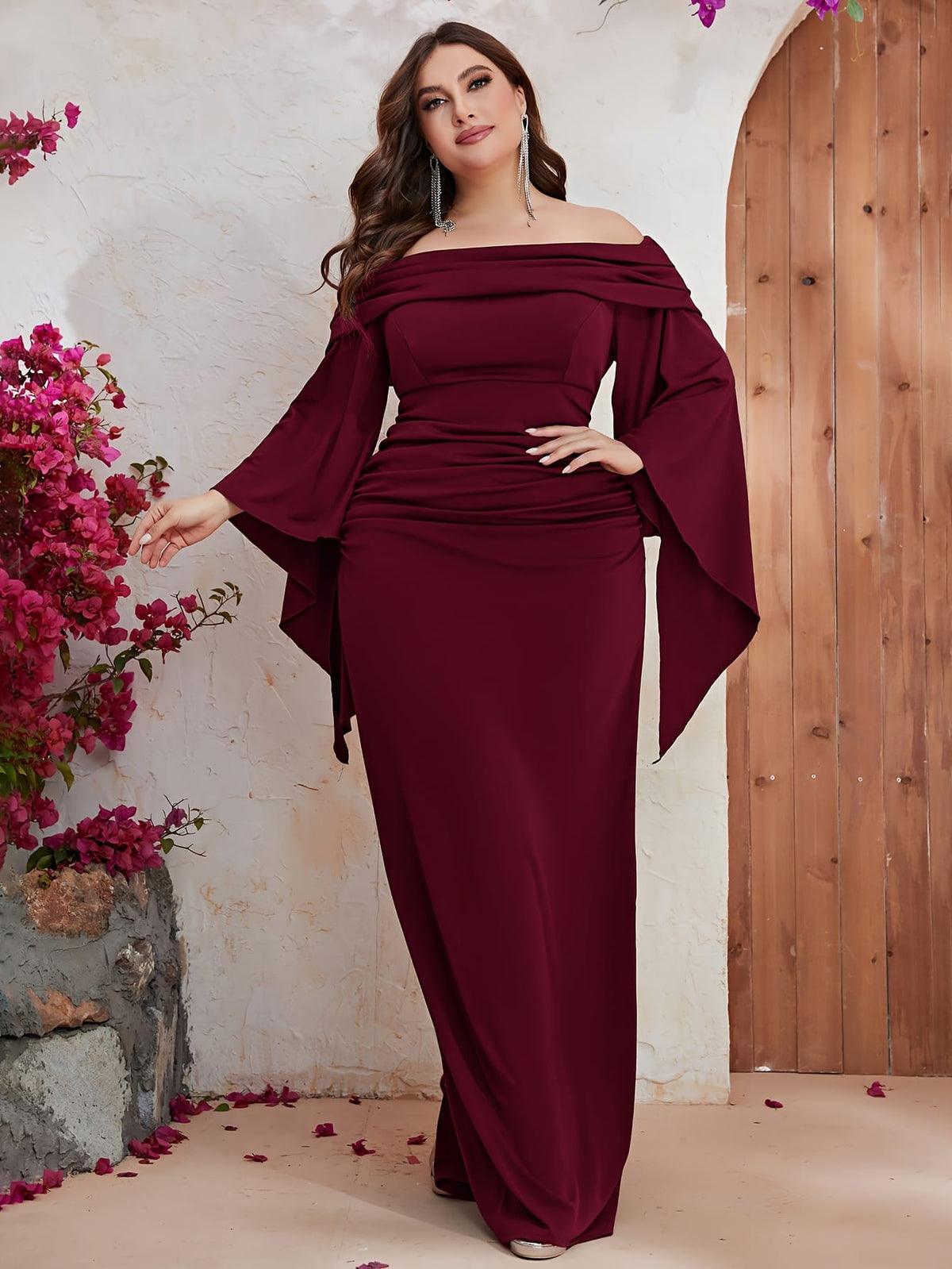 jkthpu-45 Plus Size, Plus Off Shoulder Ruched Split Sleeve Dress