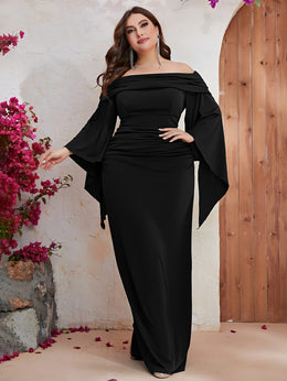 jkthpu-45 Plus Size, Plus Off Shoulder Ruched Split Sleeve Dress