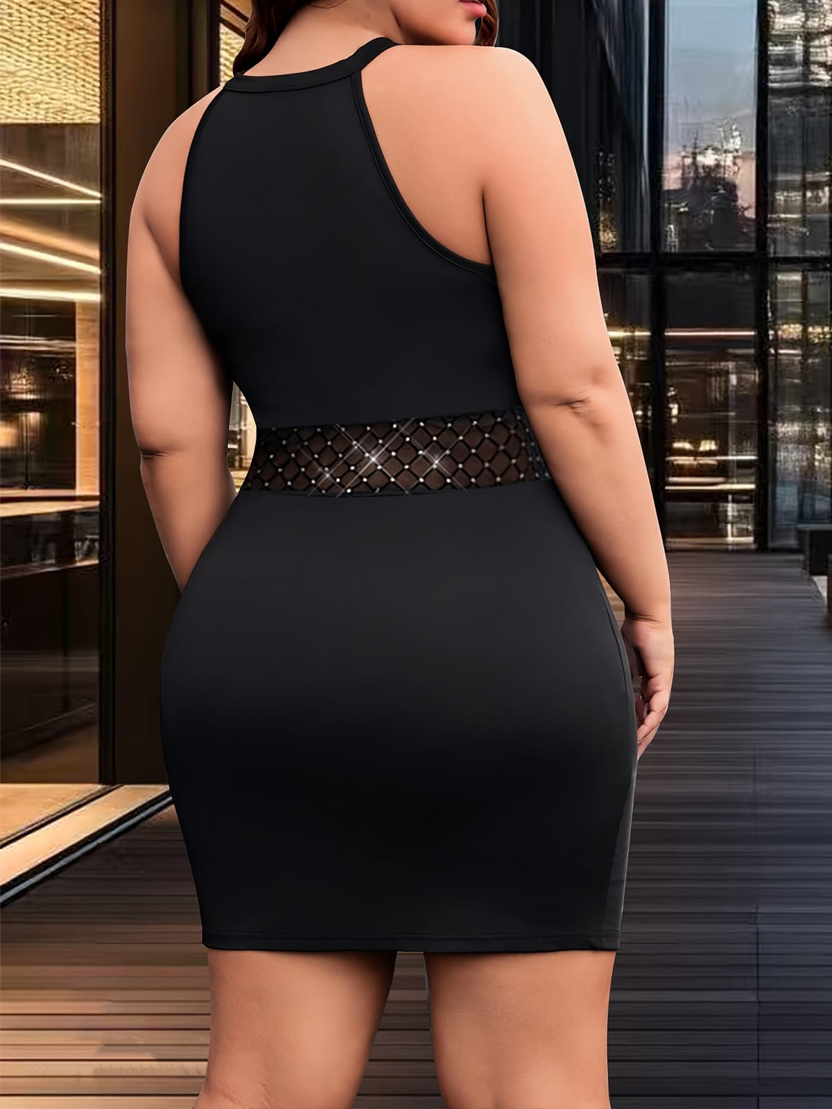 jkthpu-45 Plus Size - Plus Size Black Sequin Bodycon Dress - Sleeveless, Round Neck with Mesh Detail, Stretchy Mid-Length Party Dress for Women, Perfect for Spring/Summer Events, Elegant Design, Stretchy Fabric