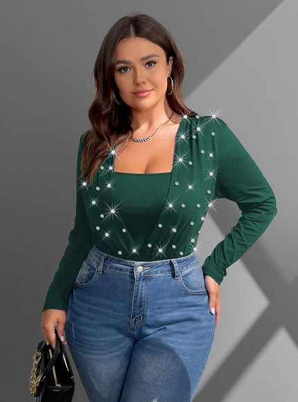jkthpu-45 Plus Size, Plus Size Bodycon Bodysuit with Beaded