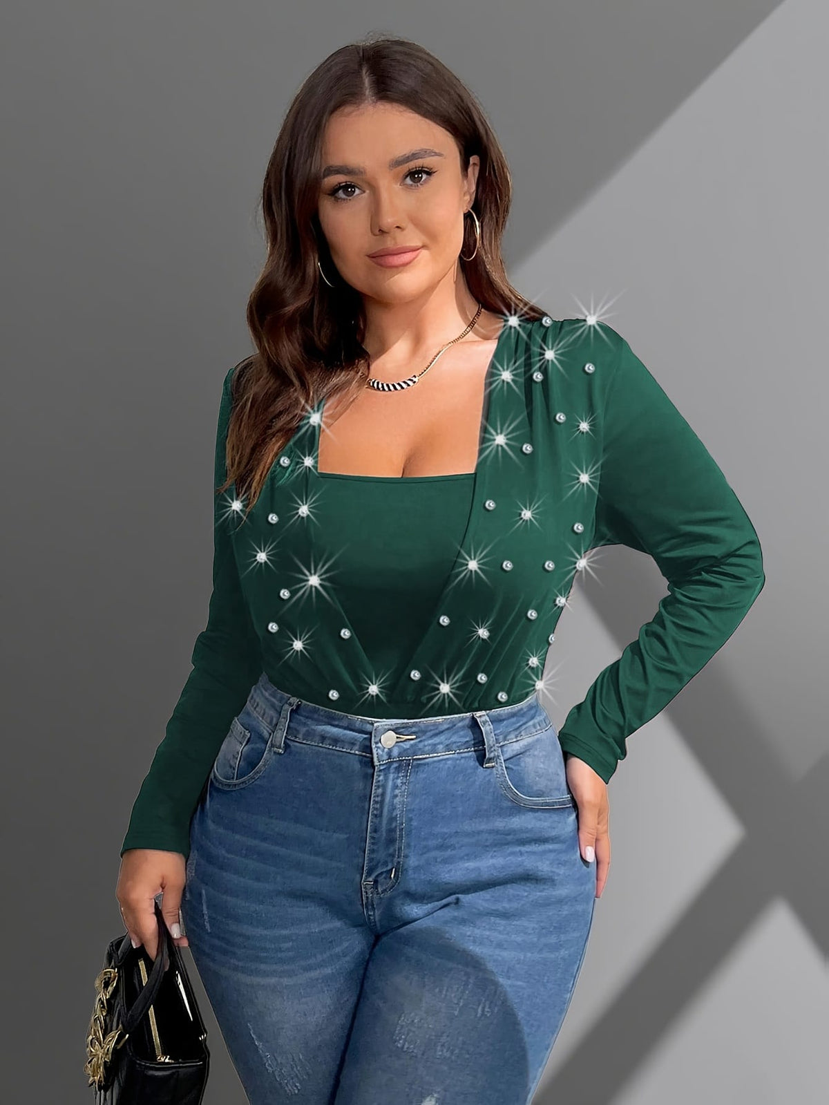 jkthpu-45 Plus Size, Plus Size Bodycon Bodysuit with Beaded