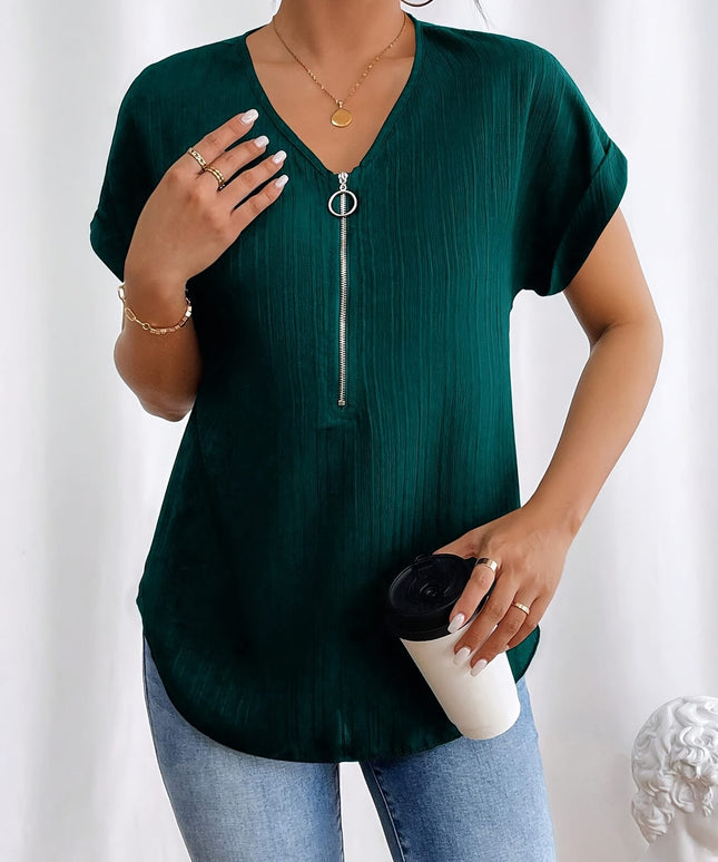 KissICON Plus Size - Plus Size Casual T-Shirt, Chic Black Zip-Up Short Sleeve Shirt, Summer Casual Solid Color Flat Zip Roller Sleeve V-Neck Tee, Polyester, Machine Washable, Perfect for Summer