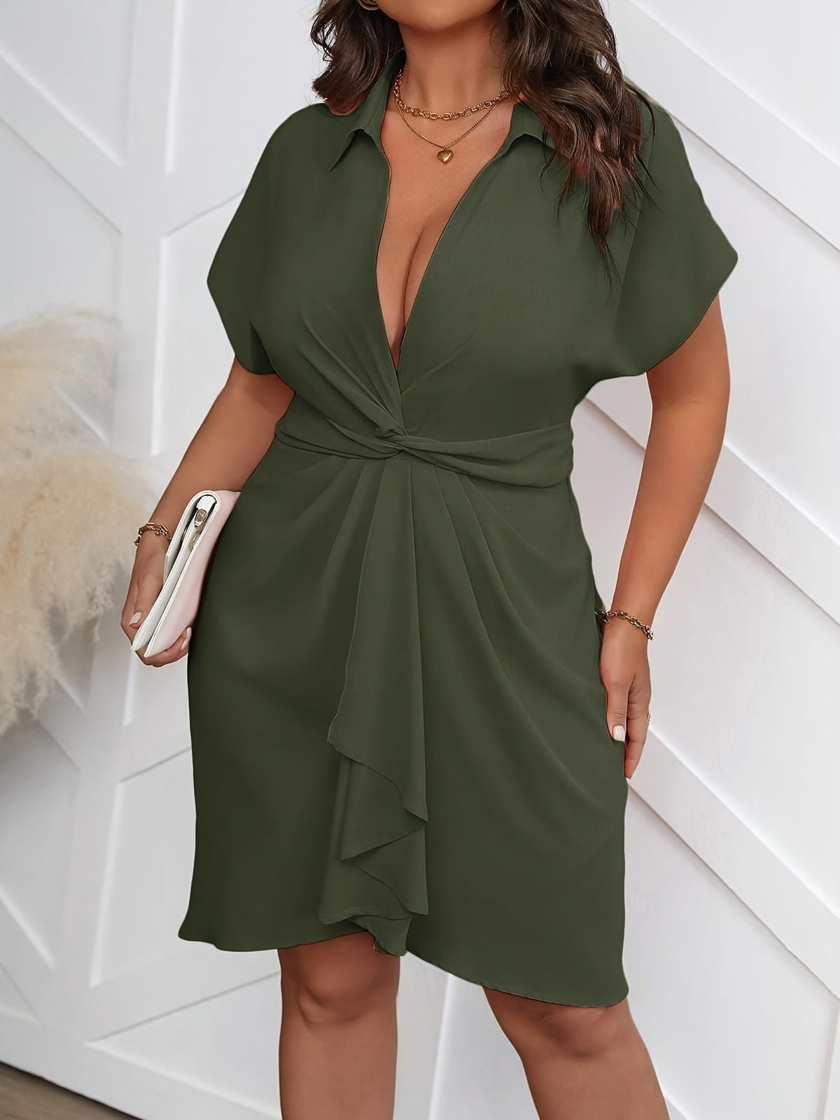 jkthpu-45 Plus Size - Plus Size - Elegant Black V-Neck Batwing Sleeve Midi Dress with Twist Waist & Ruched Detail - Summer Casual Chic Outfit, Non-Stretch Fabric, Cinched Waist, Flowy Design, Perfect for Casual or Formal Occasions, Evening Wear, Twist Front Design,