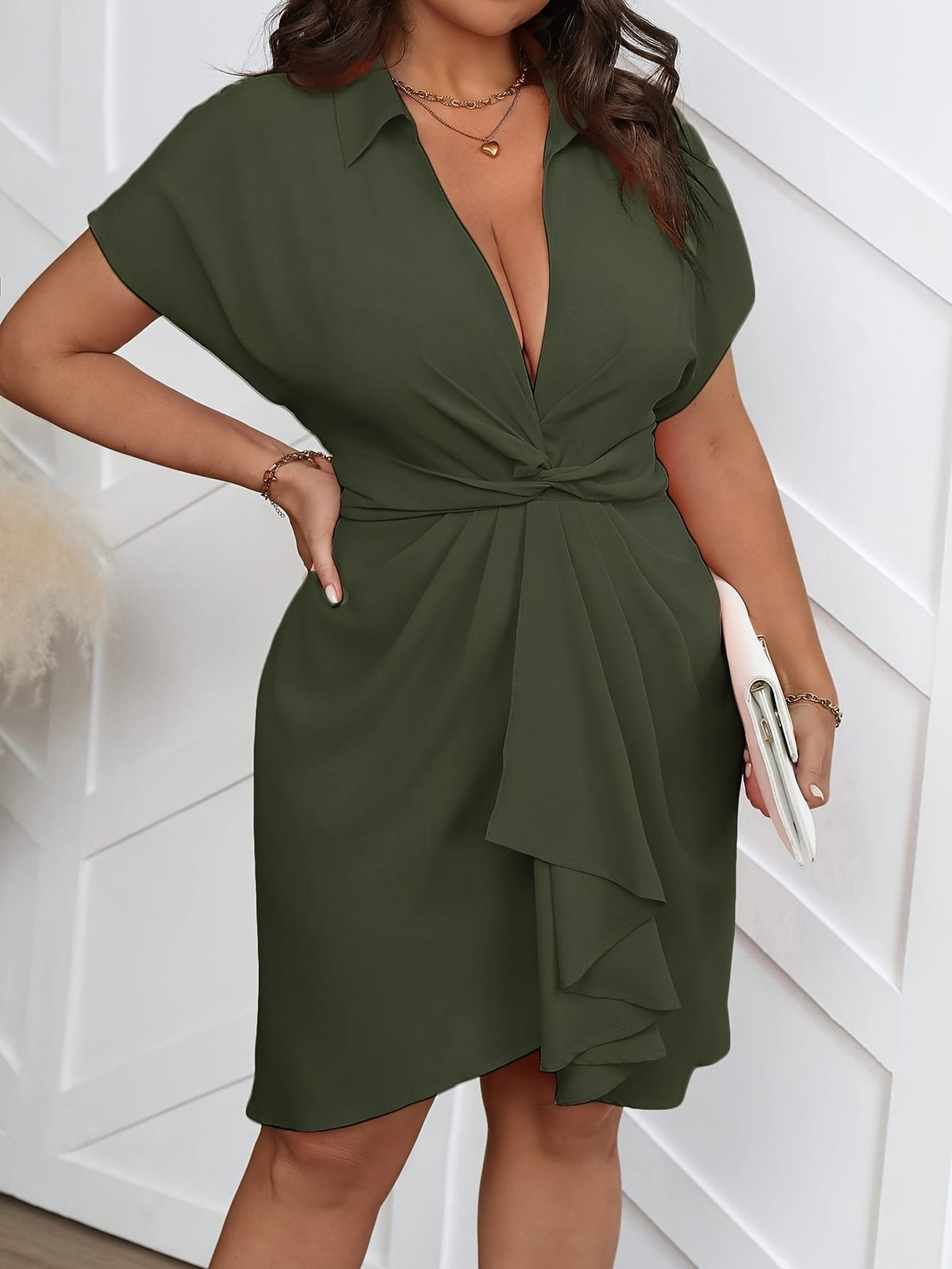 jkthpu-45 Plus Size - Plus Size - Elegant Black V-Neck Batwing Sleeve Midi Dress with Twist Waist & Ruched Detail - Summer Casual Chic Outfit, Non-Stretch Fabric, Cinched Waist, Flowy Design, Perfect for Casual or Formal Occasions, Evening Wear, Twist Front Design,