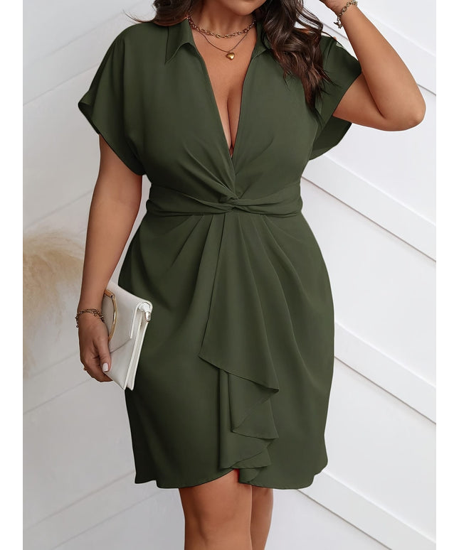jkthpu-45 Plus Size - Plus Size - Elegant Black V-Neck Batwing Sleeve Midi Dress with Twist Waist & Ruched Detail - Summer Casual Chic Outfit, Non-Stretch Fabric, Cinched Waist, Flowy Design, Perfect for Casual or Formal Occasions, Evening Wear, Twist Front Design,