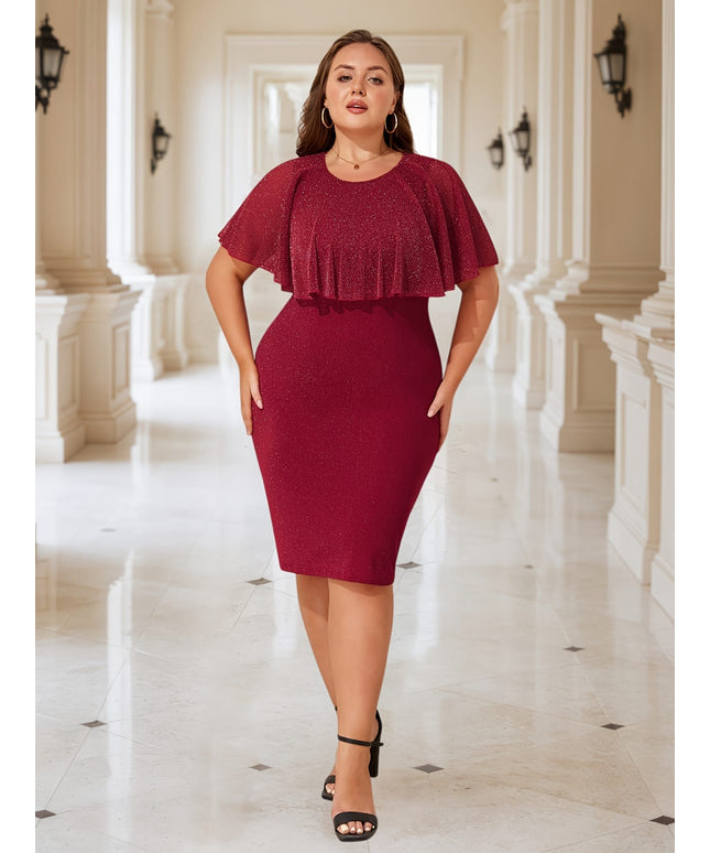 jkthpu-45 Plus Size - Plus Size Elegant Bodycon Party Dress with Asymmetrical Ruffle Hem & Sparkling Detail - Stretchy Polyester Blend, Round Neck, Mid-Length for Women, Perfect for Formal Events, Formal Event Attire|Asymmetrical Hemline|Polyester Blend