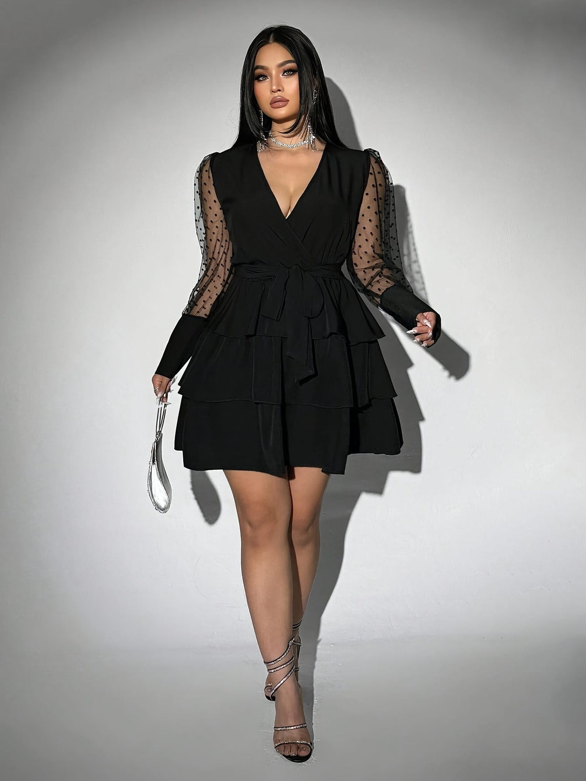 jkthpu-45 Plus Size - Plus Size - Elegant Plus Size V-Neck Lace Dress with Ruffled Hem - Long Sleeve, Black & White Contrast, Non-Stretch Fabric, Tie Waist Detail, All-Season Versatile Women'S Dress for Casual or Formal Occasions, Formal Evening Wear | Vneck Dress