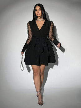 jkthpu-45 Plus Size - Plus Size - Elegant Plus Size V-Neck Lace Dress with Ruffled Hem - Long Sleeve, Black & White Contrast, Non-Stretch Fabric, Tie Waist Detail, All-Season Versatile Women'S Dress for Casual or Formal Occasions, Formal Evening Wear | Vneck Dress