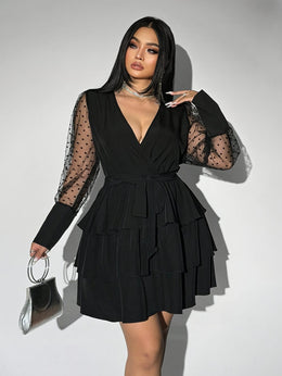 jkthpu-45 Plus Size - Plus Size - Elegant Plus Size V-Neck Lace Dress with Ruffled Hem - Long Sleeve, Black & White Contrast, Non-Stretch Fabric, Tie Waist Detail, All-Season Versatile Women'S Dress for Casual or Formal Occasions, Formal Evening Wear | Vneck Dress