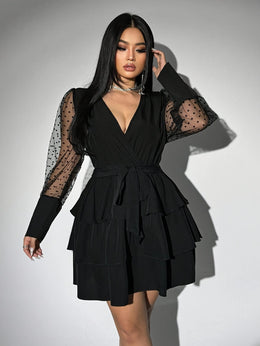 jkthpu-45 Plus Size - Plus Size - Elegant Plus Size V-Neck Lace Dress with Ruffled Hem - Long Sleeve, Black & White Contrast, Non-Stretch Fabric, Tie Waist Detail, All-Season Versatile Women'S Dress for Casual or Formal Occasions, Formal Evening Wear | Vneck Dress