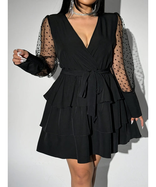jkthpu-45 Plus Size - Plus Size - Elegant Plus Size V-Neck Lace Dress with Ruffled Hem - Long Sleeve, Black & White Contrast, Non-Stretch Fabric, Tie Waist Detail, All-Season Versatile Women'S Dress for Casual or Formal Occasions, Formal Evening Wear | Vneck Dress