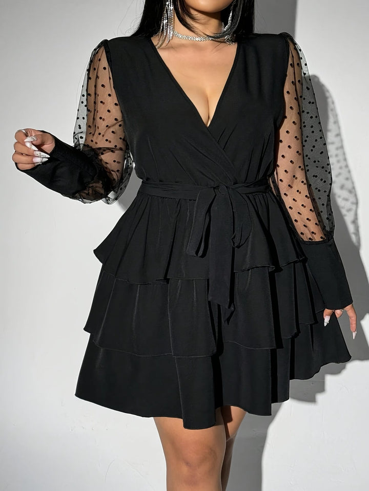 Plus Size - Plus Size - Elegant Plus Size V-Neck Lace Dress with Ruffled Hem - Long Sleeve, Black & White Contrast, Non-Stretch Fabric, Tie Waist Detail, All-Season Versatile Women'S Dress for Casual or Formal Occasions, Formal Evening Wear | Vneck Dress