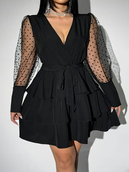 jkthpu-45 Plus Size - Plus Size - Elegant Plus Size V-Neck Lace Dress with Ruffled Hem - Long Sleeve, Black & White Contrast, Non-Stretch Fabric, Tie Waist Detail, All-Season Versatile Women'S Dress for Casual or Formal Occasions, Formal Evening Wear | Vneck Dress