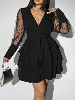 jkthpu-45 Plus Size - Plus Size - Elegant Plus Size V-Neck Lace Dress with Ruffled Hem - Long Sleeve, Black & White Contrast, Non-Stretch Fabric, Tie Waist Detail, All-Season Versatile Women'S Dress for Casual or Formal Occasions, Formal Evening Wear | Vneck Dress