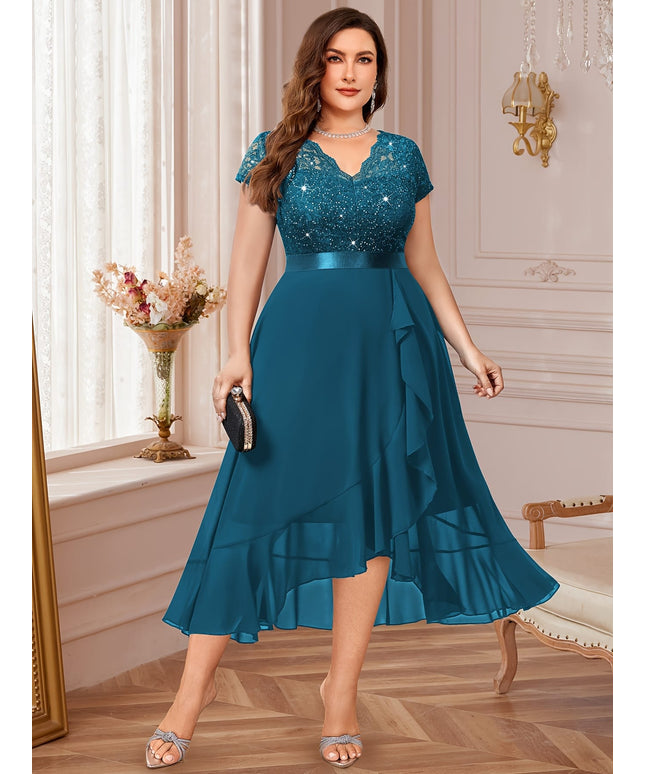 jkthpu-45 Plus Size - Plus Size - Elegant Plus Size V-Neck Lace Trim Ruffle Hem Chiffon Dress for Women - Asymmetrical Mid-Length Party Dress with Short Sleeves, Solid Color, Perfect for Spring/Summer Events, Lace Dress