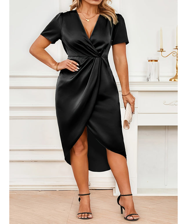 jkthpu-45 Plus Size, Plus-Size Elegant Satin Short-Sleeve Wrap Cross-Neck Romantic Long Dress for Women