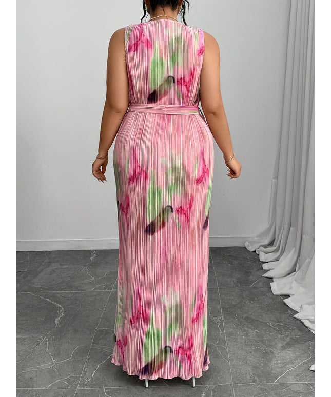 jkthpu-45 Plus Size, Plus Size Elegant Tie-Dye Floral Print Round Neck Sleeveless Cinched Waist Pleated Dress for Vacation and Casual Outings