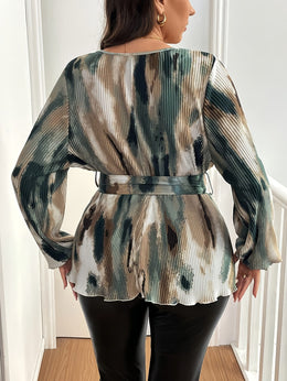 KissICON Plus Size - Plus Size - Elegant Tropical Print V-Neck Blouse with Belted Waist & Long Sleeves - Women'S Stylish Long Sleeve Top for All Seasons, Non-Stretch Fabric, Allseason Blouse|Vneck Blouse|Nonstretch Fabric
