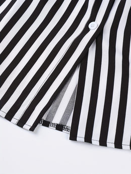 KissICON Plus Size, Plus Size Fashionable Elegant Side-Slit High Slit Waist-Length Striped Long Sleeve Shirt