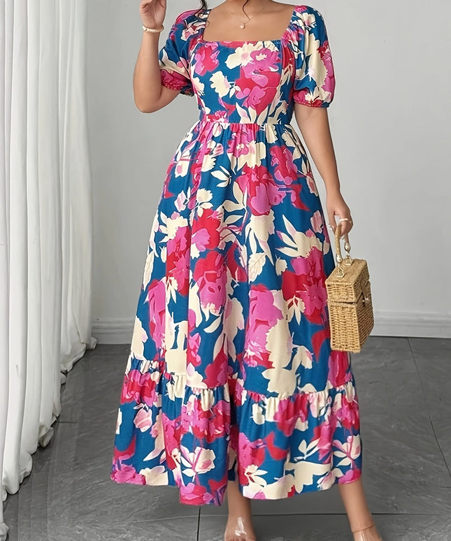 jkthpu-45 Plus Size - Plus Size Floral Print Maxi Dress - Loose Fit, Square Neck, Short Sleeve, Lightweight Polyester, Vibrant Pink & Blue Flowers, Perfect for Spring/Summer/Fall, Casual Vacation Style, Vacation Dress | Floral Print Dress | Polyester Fabric