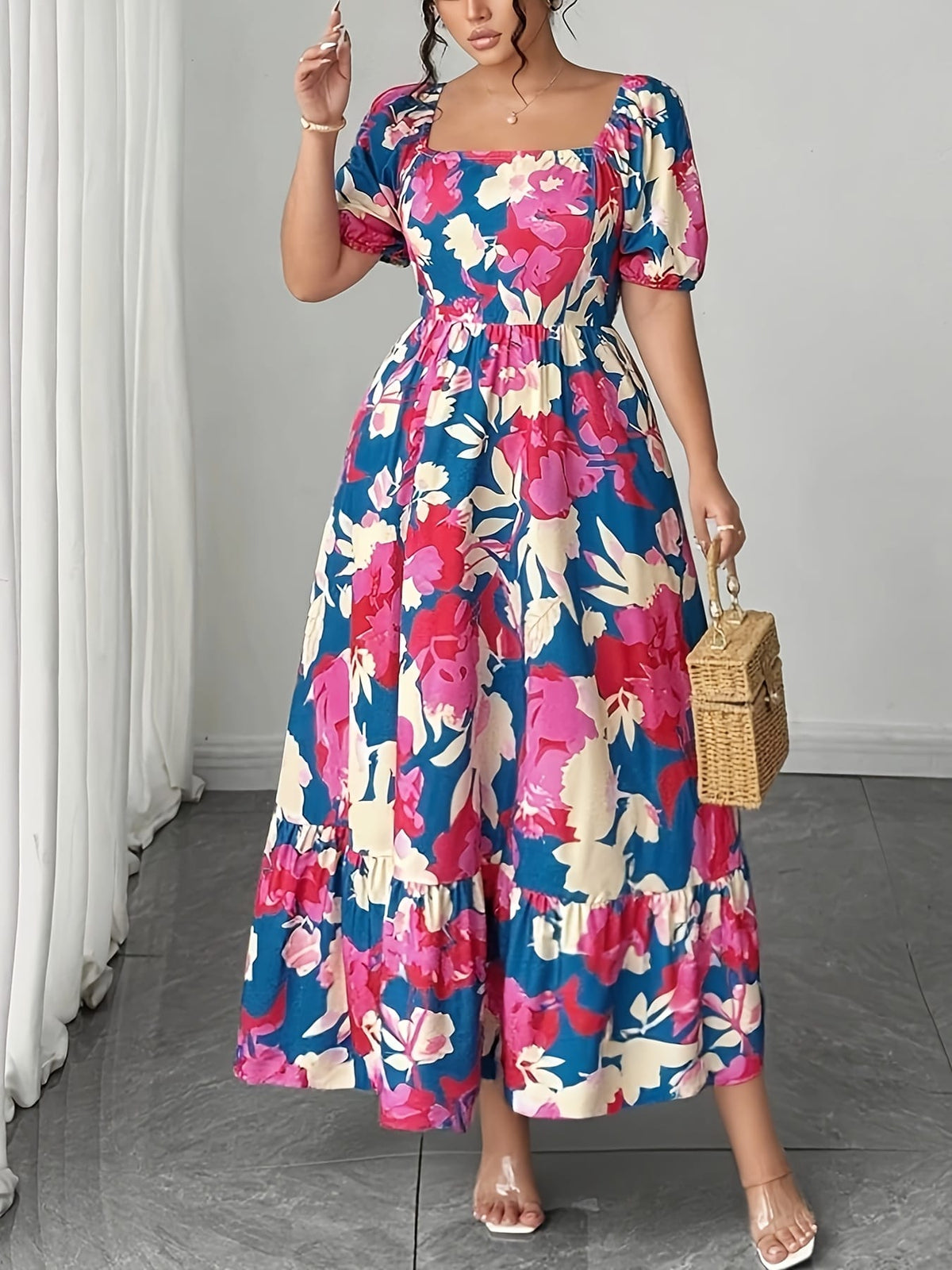 jkthpu-45 Plus Size - Plus Size Floral Print Maxi Dress - Loose Fit, Square Neck, Short Sleeve, Lightweight Polyester, Vibrant Pink & Blue Flowers, Perfect for Spring/Summer/Fall, Casual Vacation Style, Vacation Dress | Floral Print Dress | Polyester Fabric