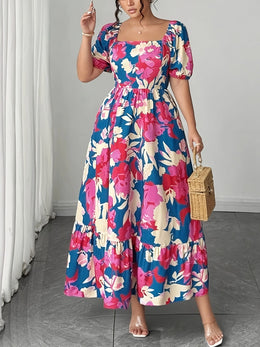 jkthpu-45 Plus Size - Plus Size Floral Print Maxi Dress - Loose Fit, Square Neck, Short Sleeve, Lightweight Polyester, Vibrant Pink & Blue Flowers, Perfect for Spring/Summer/Fall, Casual Vacation Style, Vacation Dress | Floral Print Dress | Polyester Fabric
