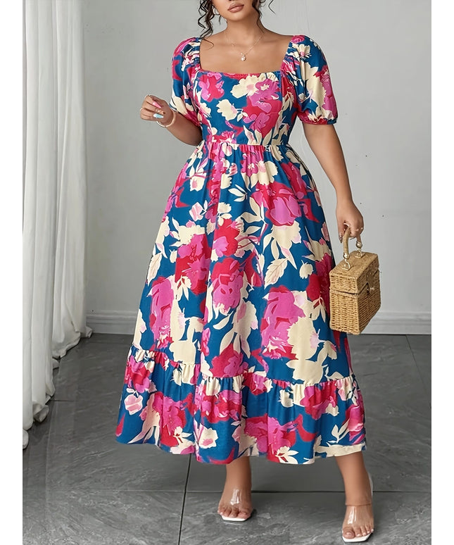 jkthpu-45 Plus Size - Plus Size Floral Print Maxi Dress - Loose Fit, Square Neck, Short Sleeve, Lightweight Polyester, Vibrant Pink & Blue Flowers, Perfect for Spring/Summer/Fall, Casual Vacation Style, Vacation Dress | Floral Print Dress | Polyester Fabric