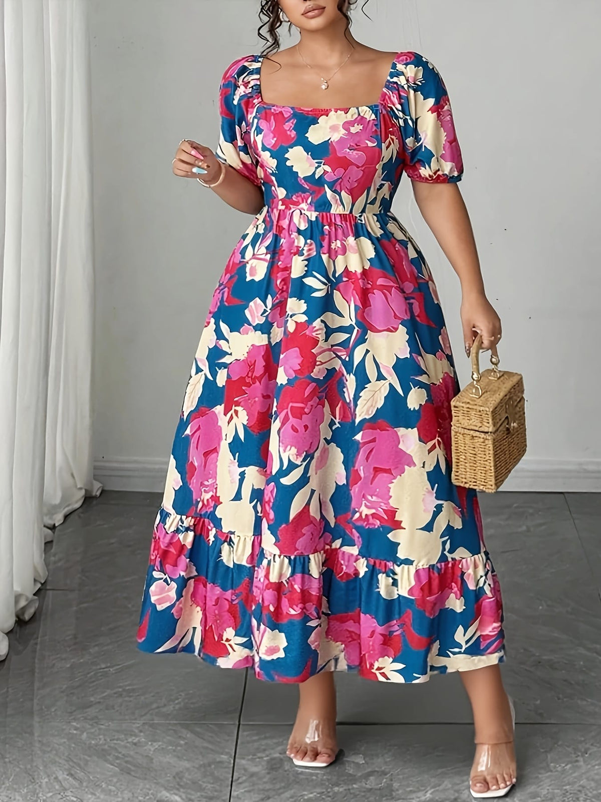 jkthpu-45 Plus Size - Plus Size Floral Print Maxi Dress - Loose Fit, Square Neck, Short Sleeve, Lightweight Polyester, Vibrant Pink & Blue Flowers, Perfect for Spring/Summer/Fall, Casual Vacation Style, Vacation Dress | Floral Print Dress | Polyester Fabric