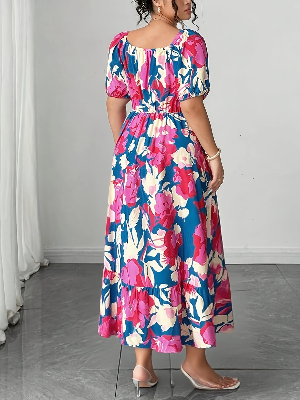 jkthpu-45 Plus Size - Plus Size Floral Print Maxi Dress - Loose Fit, Square Neck, Short Sleeve, Lightweight Polyester, Vibrant Pink & Blue Flowers, Perfect for Spring/Summer/Fall, Casual Vacation Style, Vacation Dress | Floral Print Dress | Polyester Fabric