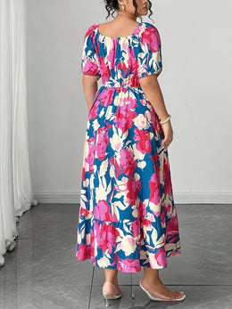 jkthpu-45 Plus Size - Plus Size Floral Print Maxi Dress - Loose Fit, Square Neck, Short Sleeve, Lightweight Polyester, Vibrant Pink & Blue Flowers, Perfect for Spring/Summer/Fall, Casual Vacation Style, Vacation Dress | Floral Print Dress | Polyester Fabric