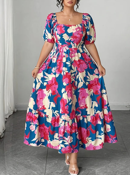 jkthpu-45 Plus Size - Plus Size Floral Print Maxi Dress - Loose Fit, Square Neck, Short Sleeve, Lightweight Polyester, Vibrant Pink & Blue Flowers, Perfect for Spring/Summer/Fall, Casual Vacation Style, Vacation Dress | Floral Print Dress | Polyester Fabric