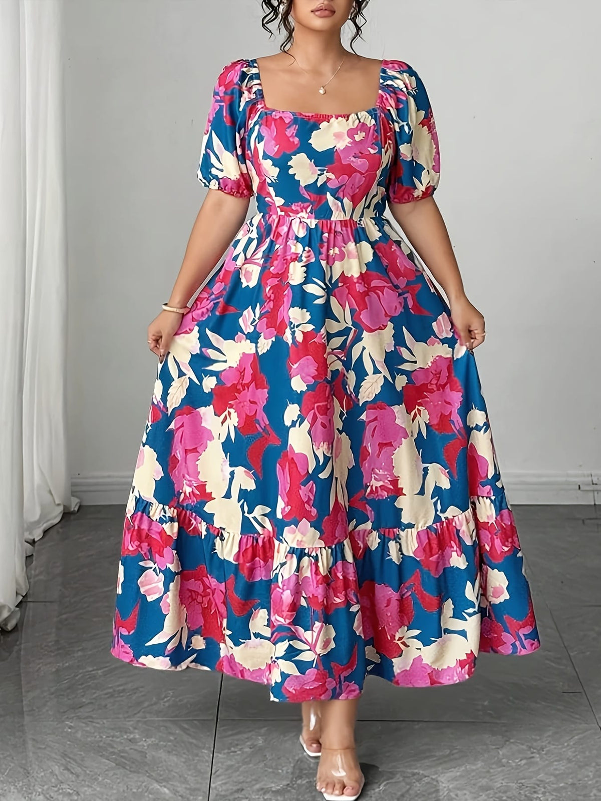 jkthpu-45 Plus Size - Plus Size Floral Print Maxi Dress - Loose Fit, Square Neck, Short Sleeve, Lightweight Polyester, Vibrant Pink & Blue Flowers, Perfect for Spring/Summer/Fall, Casual Vacation Style, Vacation Dress | Floral Print Dress | Polyester Fabric