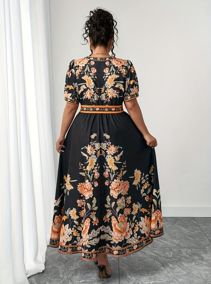 jkthpu-45 Plus Size - Plus Size Floral Print V-Neck Maxi Dress with Short Sleeves and Belted Waist - Black with Orange, White, and Beige Flowers - Perfect for Summer Vacations, Vacation Attire | Floral Print Dress | Polyester Fabric