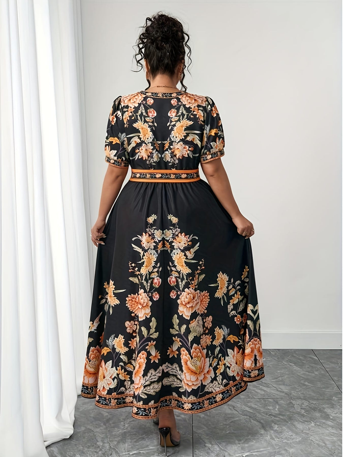 jkthpu-45 Plus Size - Plus Size Floral Print V-Neck Maxi Dress with Short Sleeves and Belted Waist - Black with Orange, White, and Beige Flowers - Perfect for Summer Vacations, Vacation Attire | Floral Print Dress | Polyester Fabric
