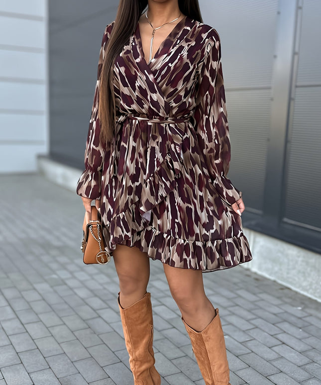 jkthpu-45 Plus Size - Plus Size Leopard Print Maxi Dress - V-Neck Ruffle Hem, Long Sleeve Summer Dress for Women, Casual Vacation Style, Lightweight Polyester Fabric, Casual Summer Dress | Ruffle Hem Dress | Glossy Texture