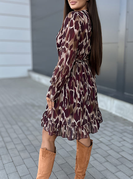jkthpu-45 Plus Size - Plus Size Leopard Print Maxi Dress - V-Neck Ruffle Hem, Long Sleeve Summer Dress for Women, Casual Vacation Style, Lightweight Polyester Fabric, Casual Summer Dress | Ruffle Hem Dress | Glossy Texture