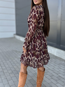 jkthpu-45 Plus Size - Plus Size Leopard Print Maxi Dress - V-Neck Ruffle Hem, Long Sleeve Summer Dress for Women, Casual Vacation Style, Lightweight Polyester Fabric, Casual Summer Dress | Ruffle Hem Dress | Glossy Texture
