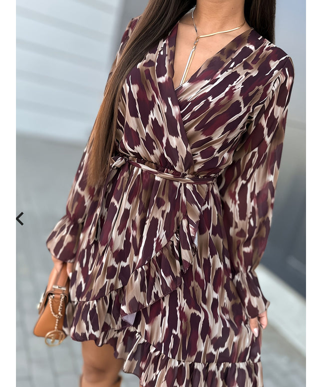 jkthpu-45 Plus Size - Plus Size Leopard Print Maxi Dress - V-Neck Ruffle Hem, Long Sleeve Summer Dress for Women, Casual Vacation Style, Lightweight Polyester Fabric, Casual Summer Dress | Ruffle Hem Dress | Glossy Texture