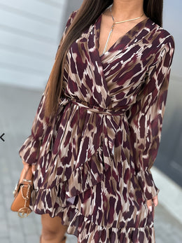 jkthpu-45 Plus Size - Plus Size Leopard Print Maxi Dress - V-Neck Ruffle Hem, Long Sleeve Summer Dress for Women, Casual Vacation Style, Lightweight Polyester Fabric, Casual Summer Dress | Ruffle Hem Dress | Glossy Texture