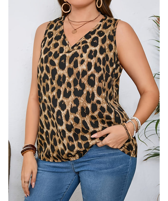 jkthpu-45 Plus Size, Plus Size Leopard Print V-Neck Sleeveless
