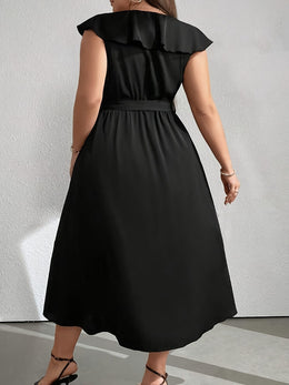 jkthpu-45 Plus Size - Plus Size - Plus Size - Elegant Black V-Neck Dress with Ruffle Detail - Sleeveless, Cinched Waist, Flowy Skirt, Perfect for Fall/Winter, Women'S Fashion, Casual Elegance|Ruffle Detail Dress|Sleek Fitted Top, Elegant Party Dress For Women, Blac