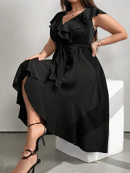jkthpu-45 Plus Size - Plus Size - Plus Size - Elegant Black V-Neck Dress with Ruffle Detail - Sleeveless, Cinched Waist, Flowy Skirt, Perfect for Fall/Winter, Women'S Fashion, Casual Elegance|Ruffle Detail Dress|Sleek Fitted Top, Elegant Party Dress For Women, Blac