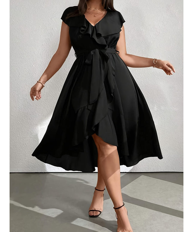 jkthpu-45 Plus Size - Plus Size - Plus Size - Elegant Black V-Neck Dress with Ruffle Detail - Sleeveless, Cinched Waist, Flowy Skirt, Perfect for Fall/Winter, Women'S Fashion, Casual Elegance|Ruffle Detail Dress|Sleek Fitted Top, Elegant Party Dress For Women, Blac