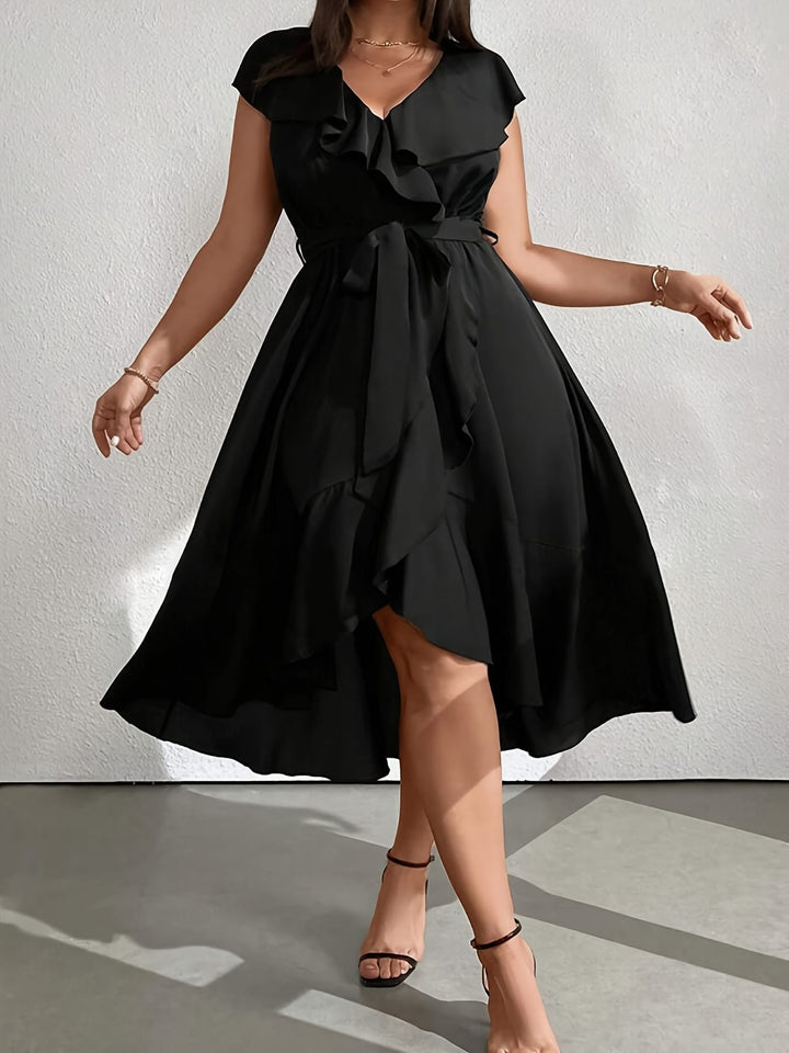 Plus Size - Plus Size - Plus Size - Elegant Black V-Neck Dress with Ruffle Detail - Sleeveless, Cinched Waist, Flowy Skirt, Perfect for Fall/Winter, Women'S Fashion, Casual Elegance|Ruffle Detail Dress|Sleek Fitted Top, Elegant Party Dress For Women, Blac