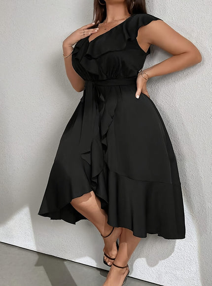jkthpu-45 Plus Size - Plus Size - Plus Size - Elegant Black V-Neck Dress with Ruffle Detail - Sleeveless, Cinched Waist, Flowy Skirt, Perfect for Fall/Winter, Women'S Fashion, Casual Elegance|Ruffle Detail Dress|Sleek Fitted Top, Elegant Party Dress For Women, Blac