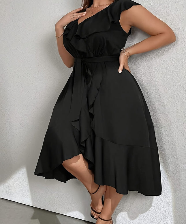 jkthpu-45 Plus Size - Plus Size - Plus Size - Elegant Black V-Neck Dress with Ruffle Detail - Sleeveless, Cinched Waist, Flowy Skirt, Perfect for Fall/Winter, Women'S Fashion, Casual Elegance|Ruffle Detail Dress|Sleek Fitted Top, Elegant Party Dress For Women, Blac