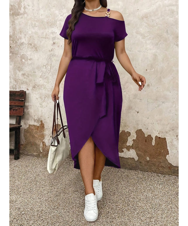 jkthpu-45 Plus Size - Plus Size - Plus Size - Elegant One-Shoulder Metal Button Drawstring Waist Dress with Side Slit - Short Sleeve, Solid Color, All-Season Versatile Women'S Fashion, Casual to Formal Wear, Casual Attire | Elegant One Shoulder Dress | Metal Button